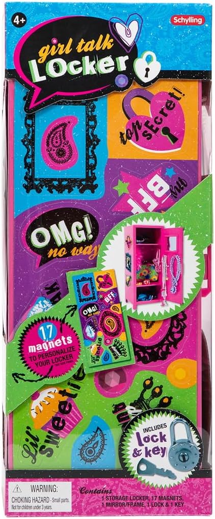 Schylling Girls Talk Pink Mini Locker - 11.25 Decorative Metal Storage Locker with 17 Mix-and-Match Magnets. Lock. and Keys - Ages 4-12